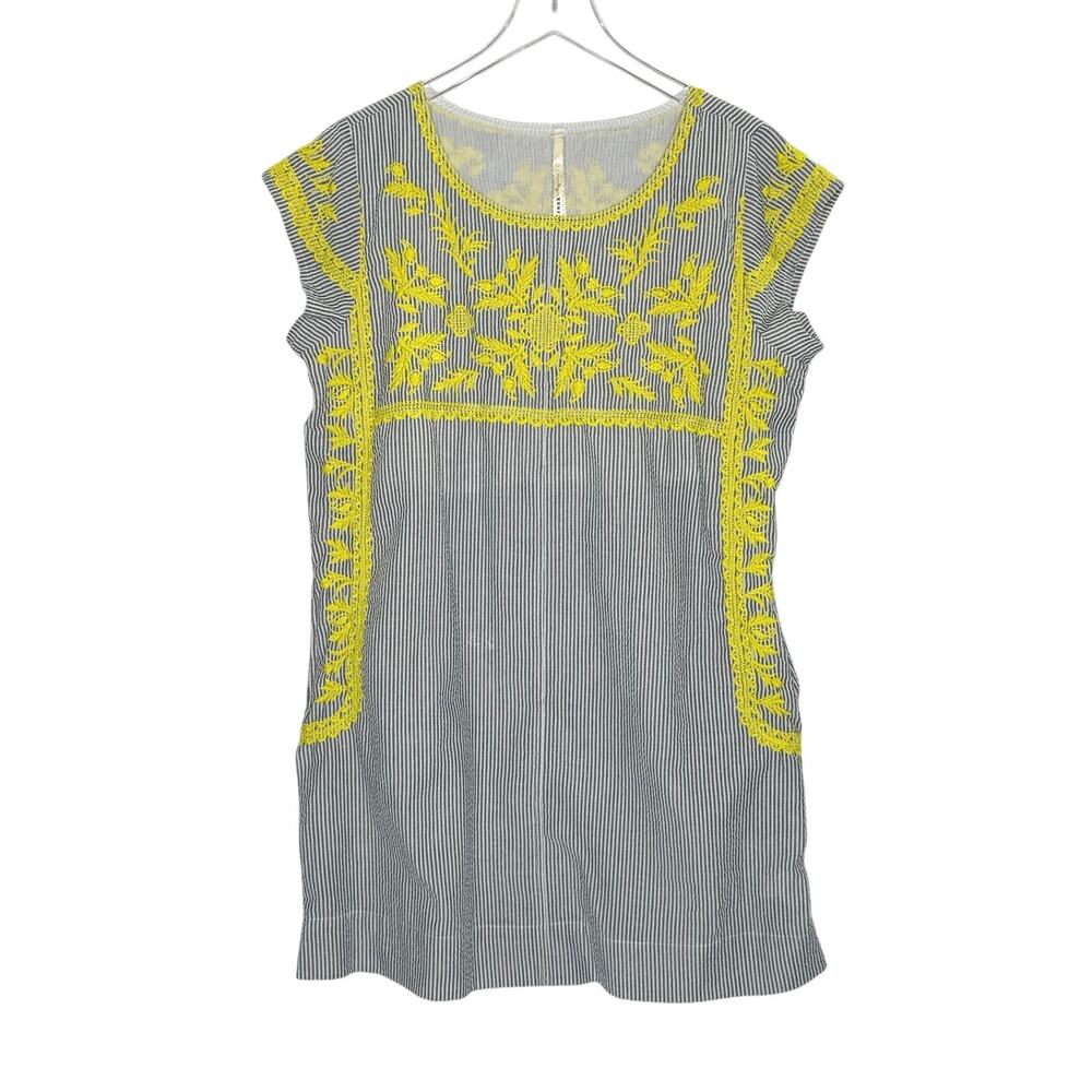 Uncle Frank Grey Striped Tunic Dress M Bright Yellow Floral Embroidery Pockets
